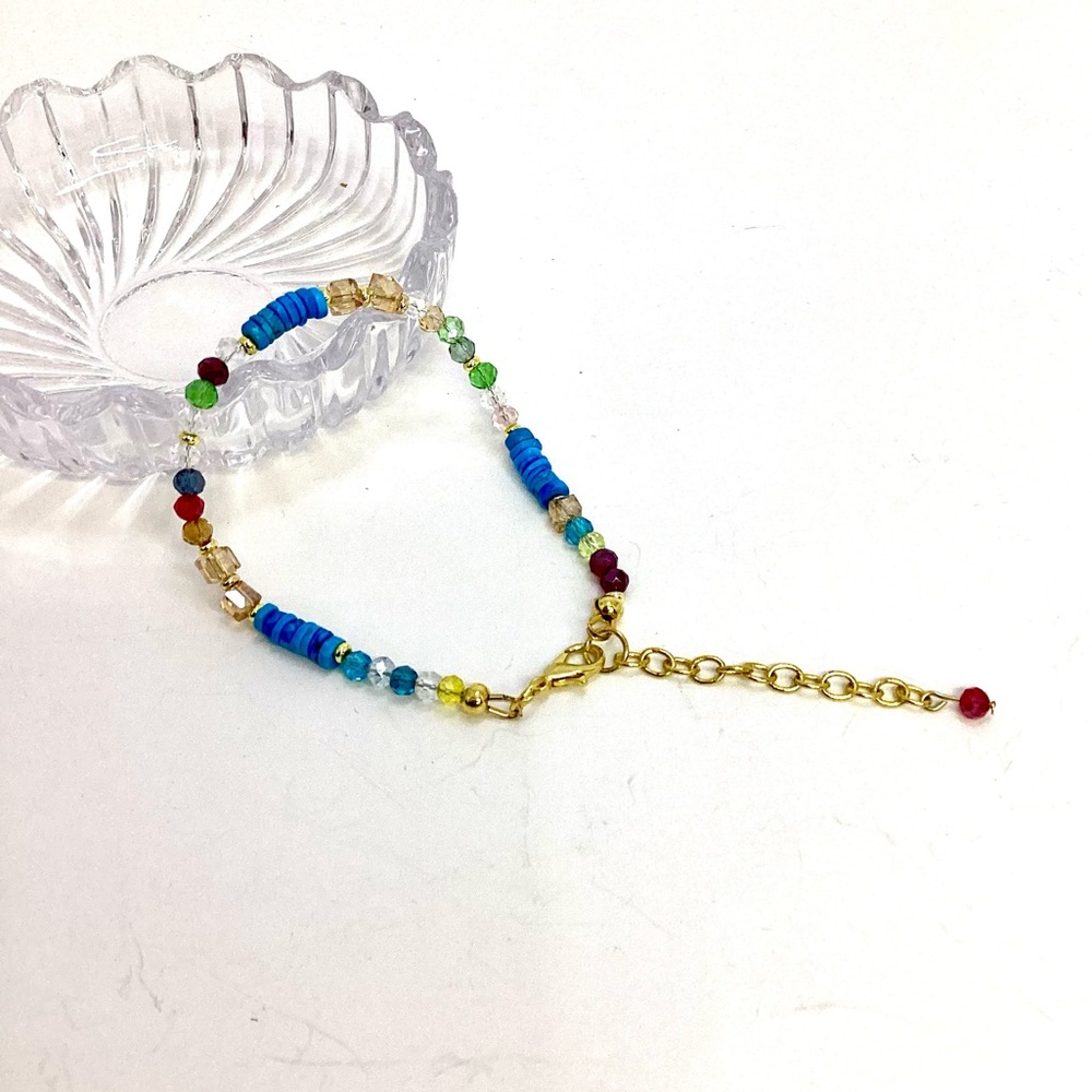 Artisan Colorful Beaded Glass Bracelet with Turquoise Heshi & Gold Accents